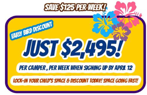 Graphic showcasing Aloha Beach Camp Hawaii's early bird discount to save over $125 per child at camp for summer 2024 when signing up for camp by April 12, 2024